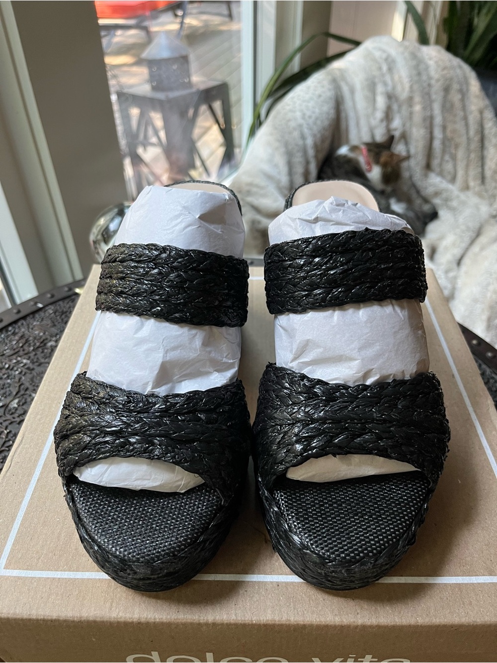 DOLCE VITA LATOYA RAFFIA PLATFORM SANDALS BLACK 9 - Picture 8 of 11
